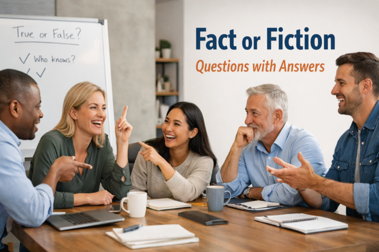 Office team engaged in a discussion, with a whiteboard displaying 'Fact or Fiction' questions with answers for team building.