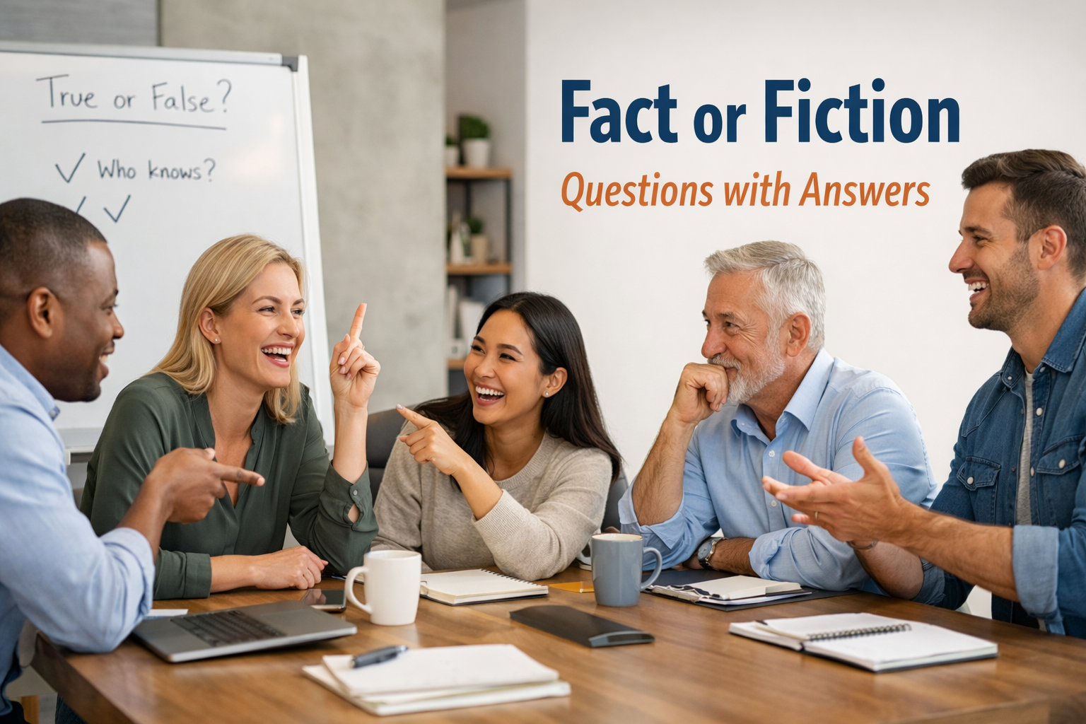 Office team engaged in a discussion, with a whiteboard displaying 'Fact or Fiction' questions with answers for team building.