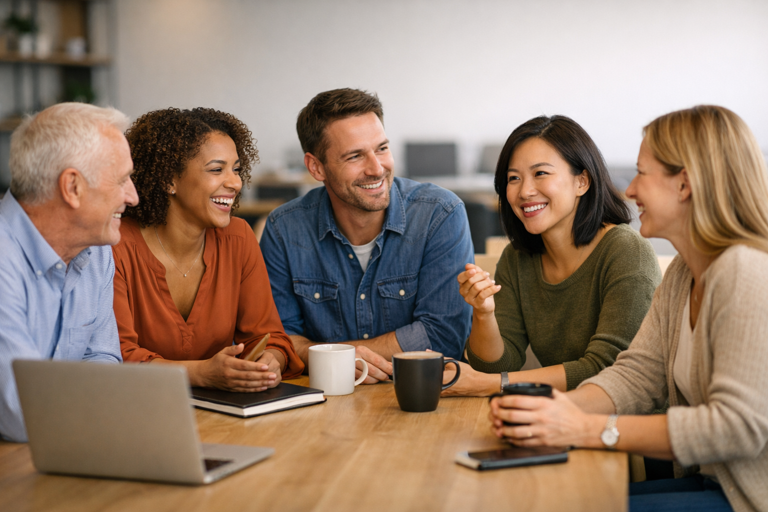 Diverse team members having a friendly discussion during a team-building meeting at work