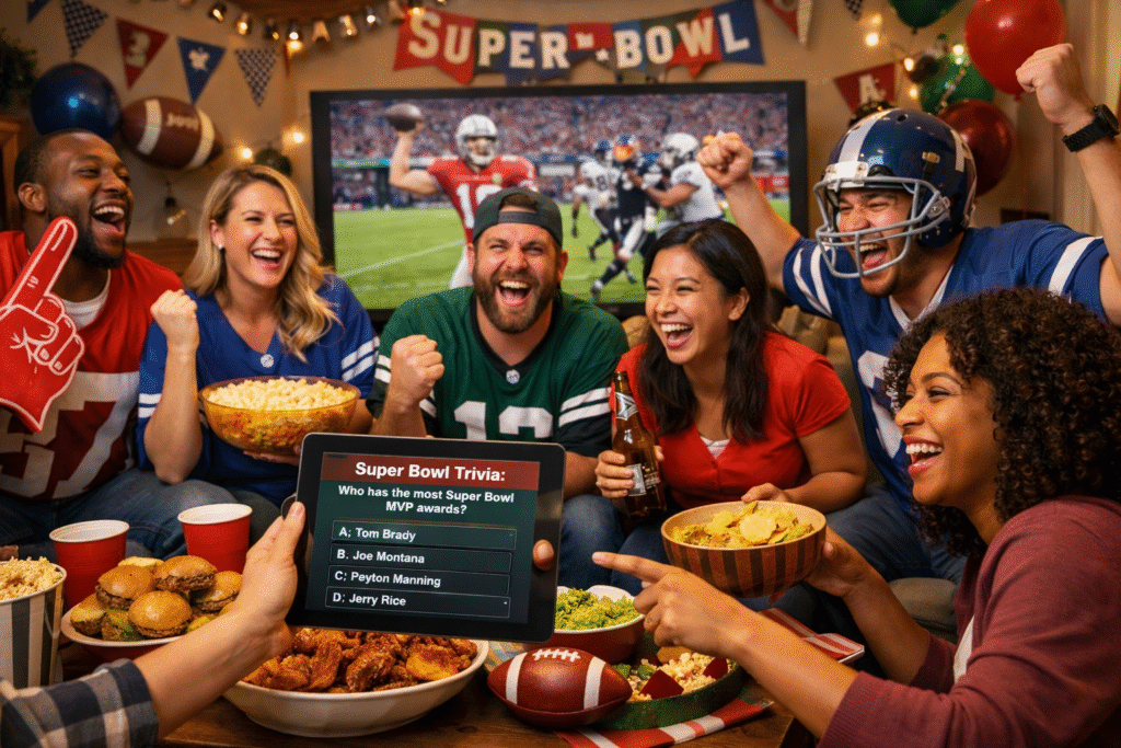 Friends playing Super Bowl trivia games during a football party