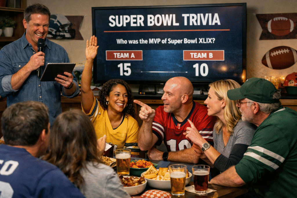 Group competing in a Super Bowl trivia challenge at a party