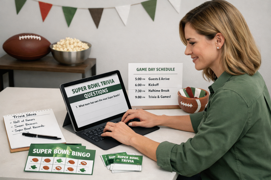 Host preparing Super Bowl trivia games and party activities
