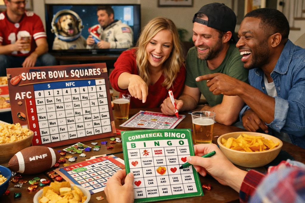 Super Bowl party games like squares and bingo in progress