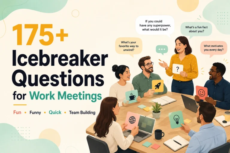 175+ icebreaker questions for work meetings illustration showing coworkers participating in team-building activities, workplace icebreakers, employee engagement, and fun meeting conversation starters.